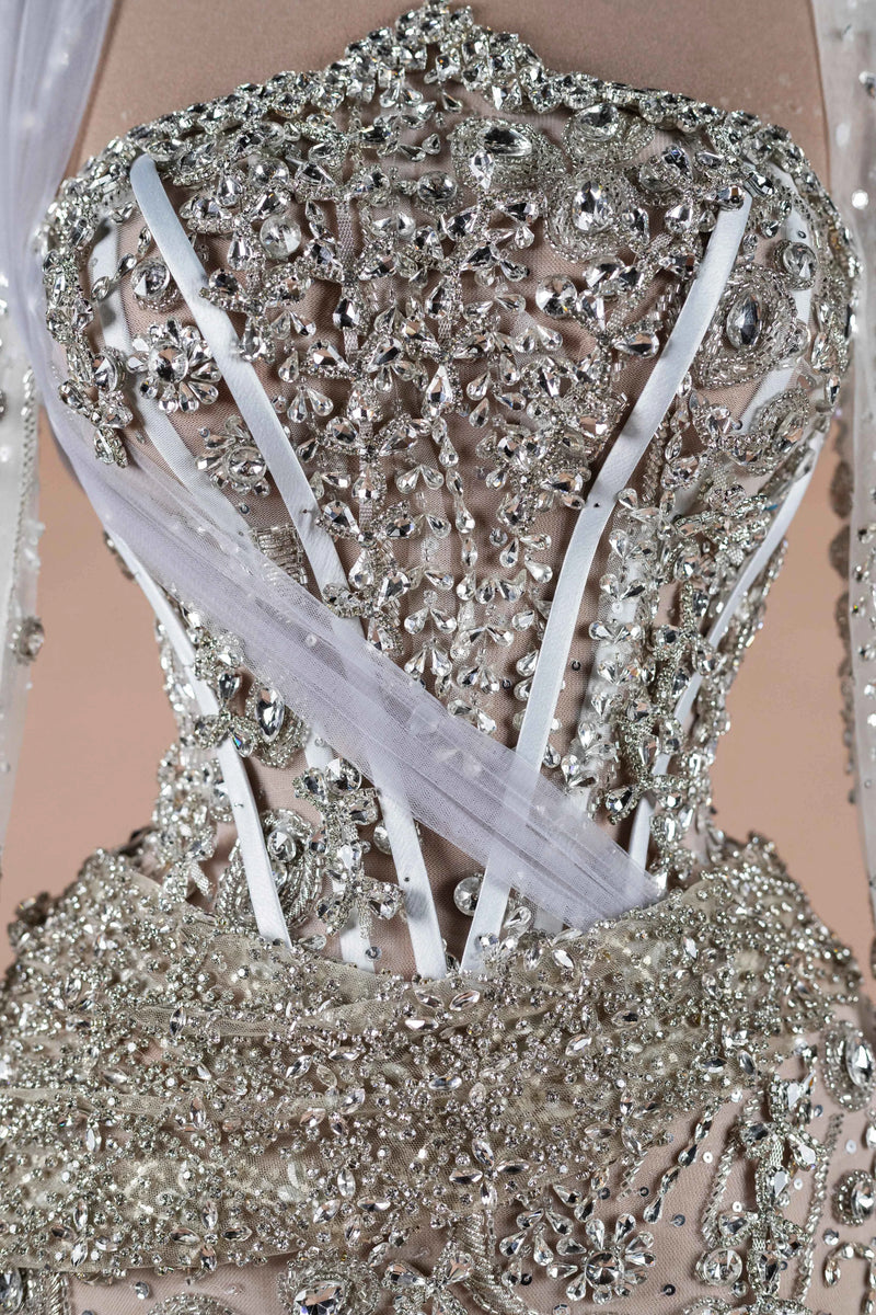 Sihëna Diamond Reverie — silver sweetheart long-sleeve column evening dress