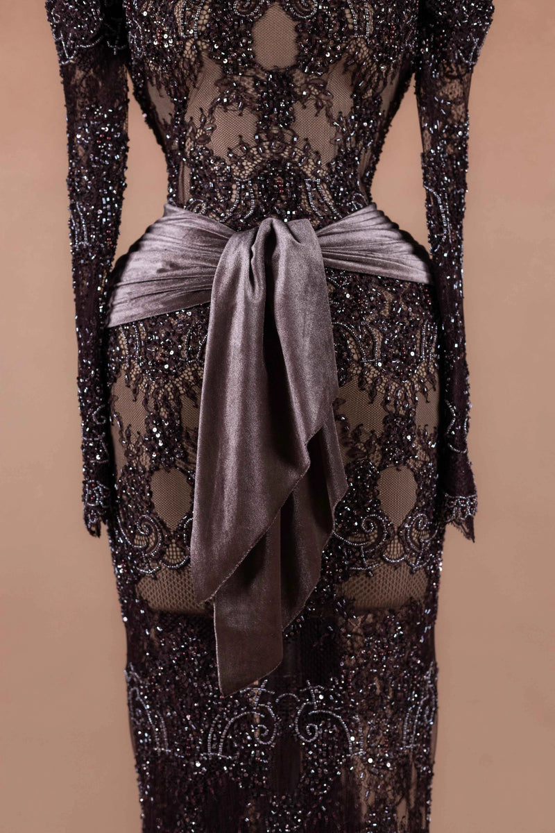 Sihëna Espresso Lace — chocolate strapless off-shoulder column evening dress