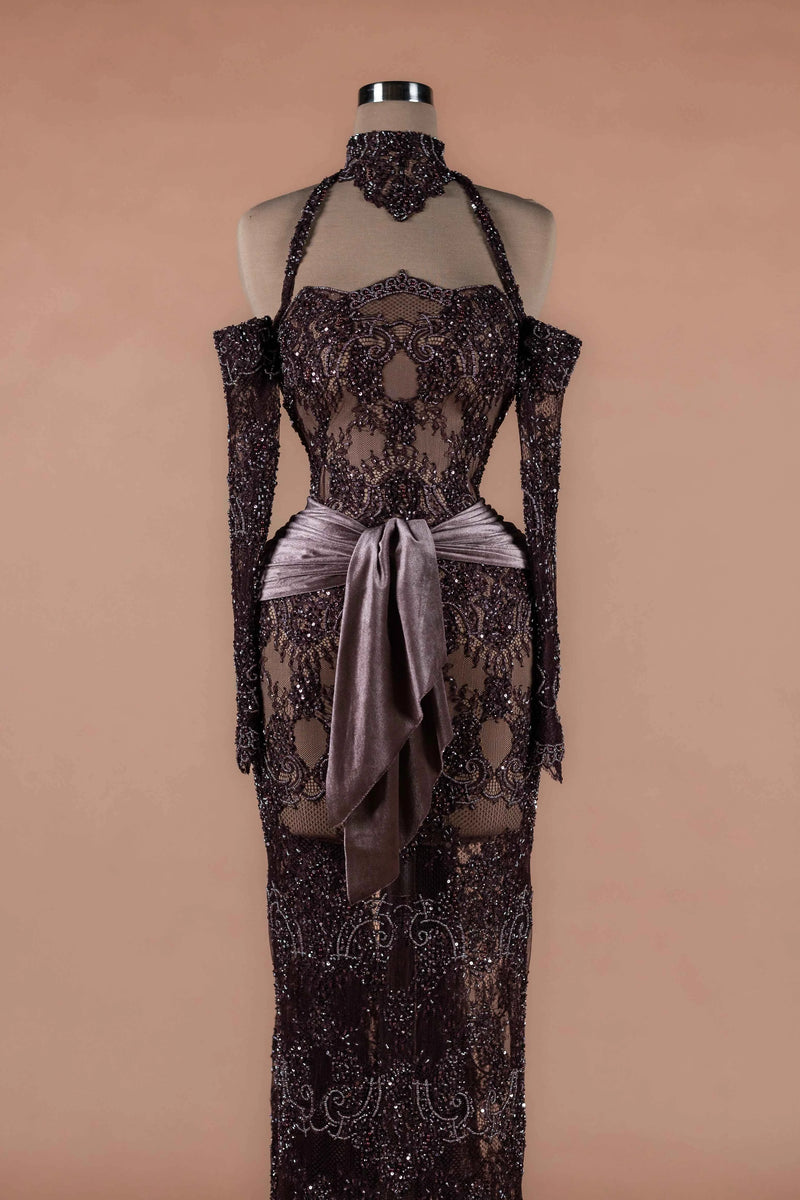 Sihëna Espresso Lace — chocolate strapless off-shoulder column evening dress