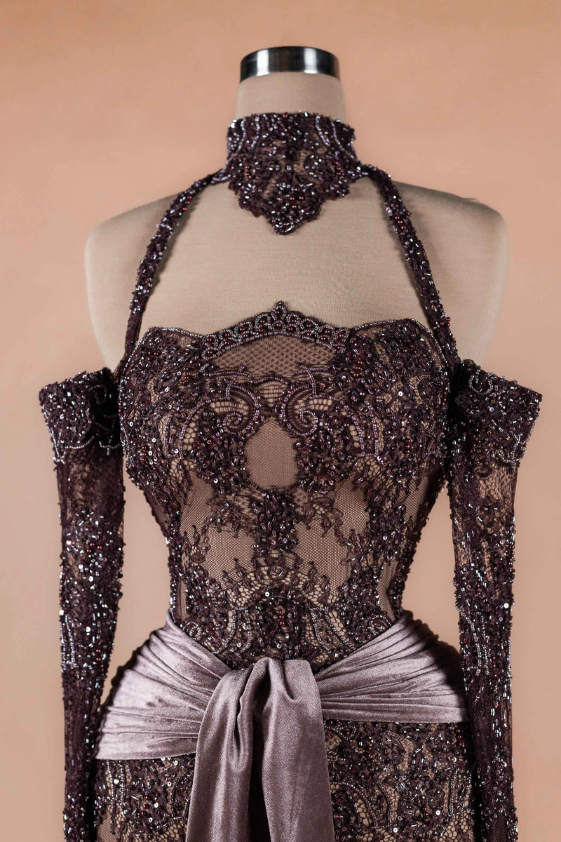 Sihëna Espresso Lace — chocolate strapless off-shoulder column evening dress
