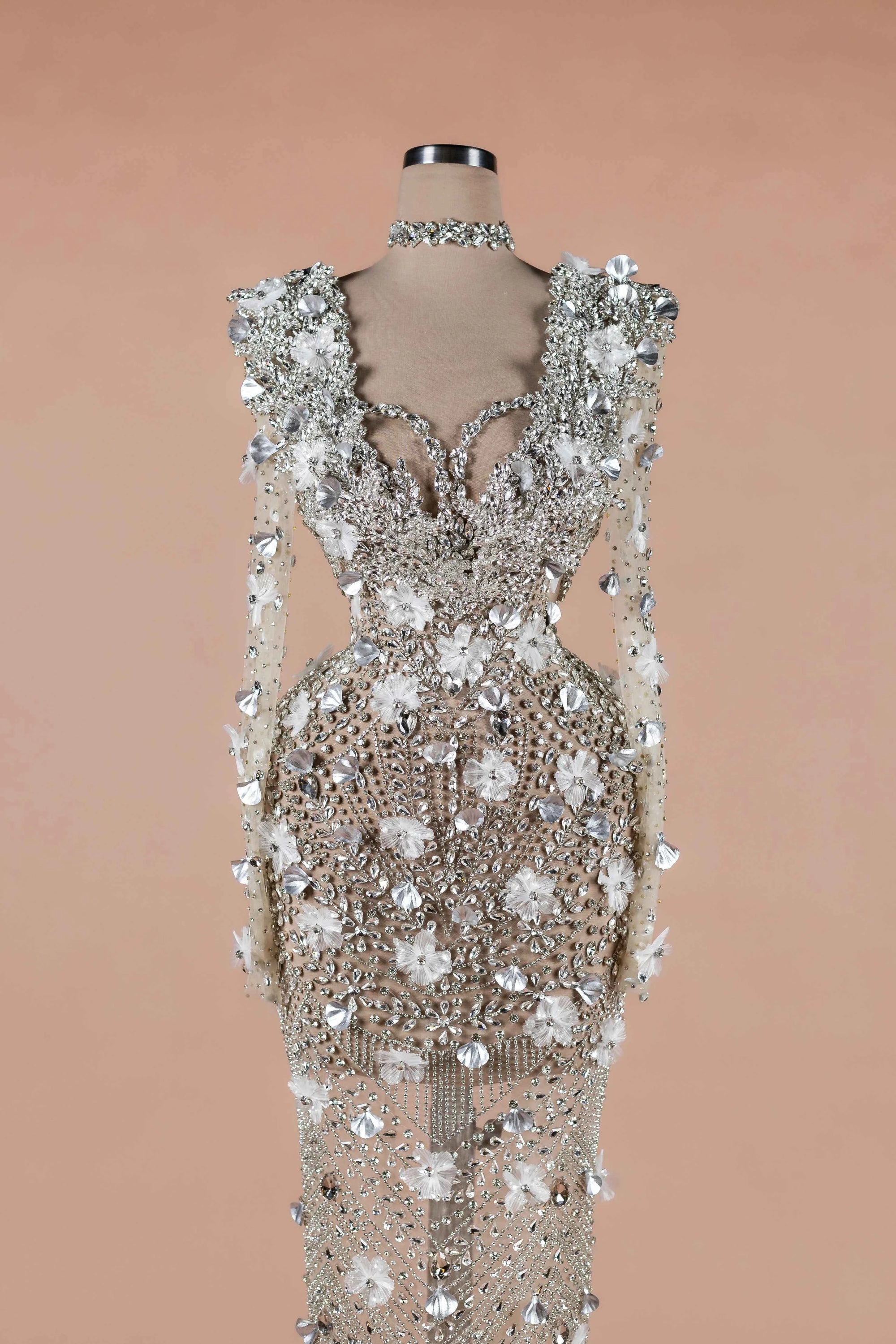 Sihëna Crystalline Garden — silver high-neck long-sleeve column evening dress
