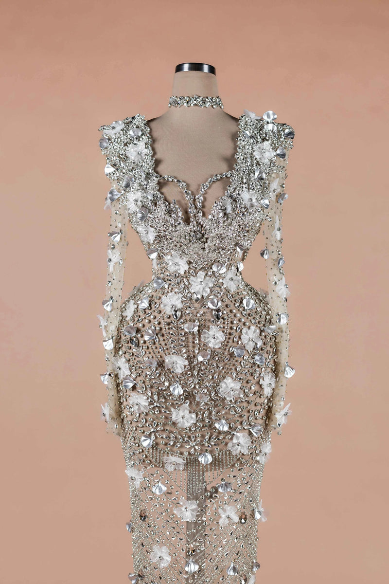 Sihëna Crystalline Garden — silver high-neck long-sleeve column evening dress
