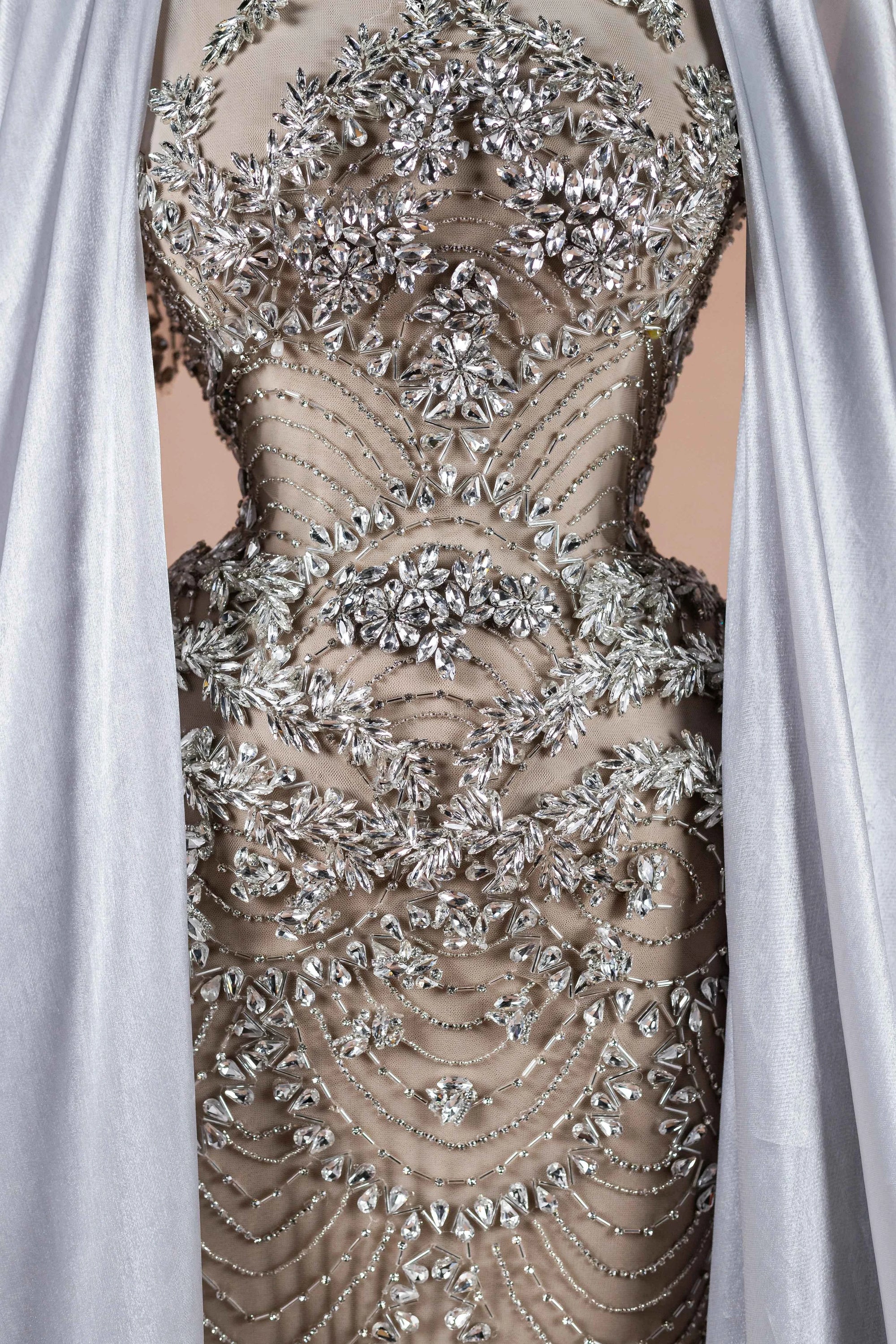 Sihëna Silver Reign — silver high-neck cape-sleeve column evening dress