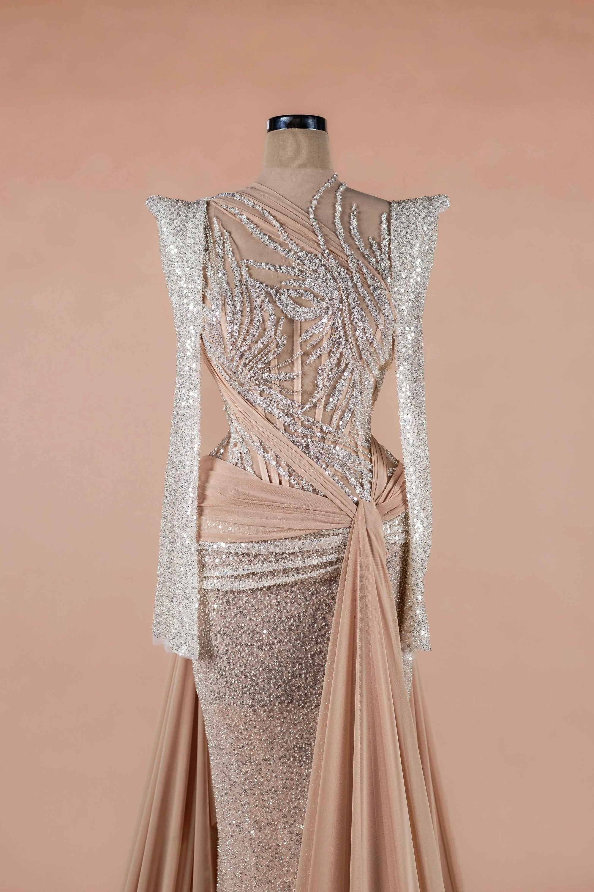 Sihëna Champêtre Glow — champagne high-neck long-sleeve mermaid evening dress