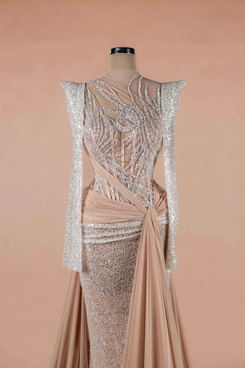 Sihëna Champêtre Glow — champagne high-neck long-sleeve mermaid evening dress