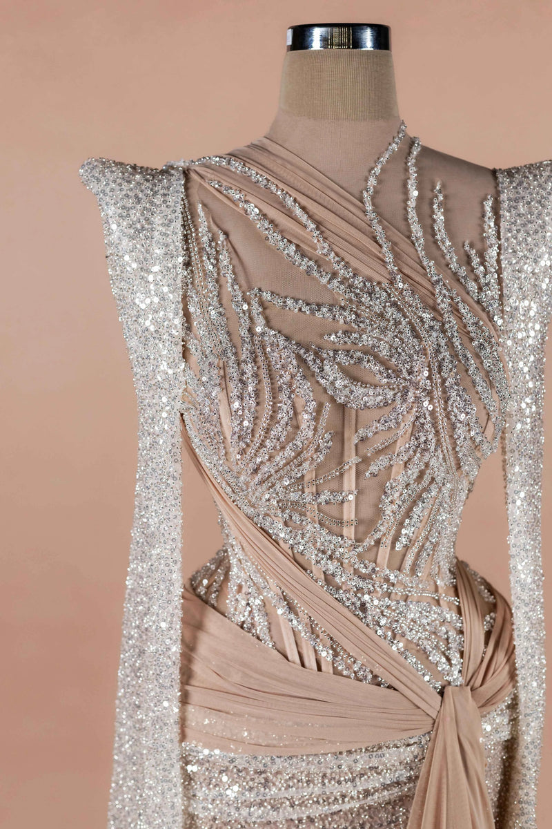 Sihëna Champêtre Glow — champagne high-neck long-sleeve mermaid evening dress