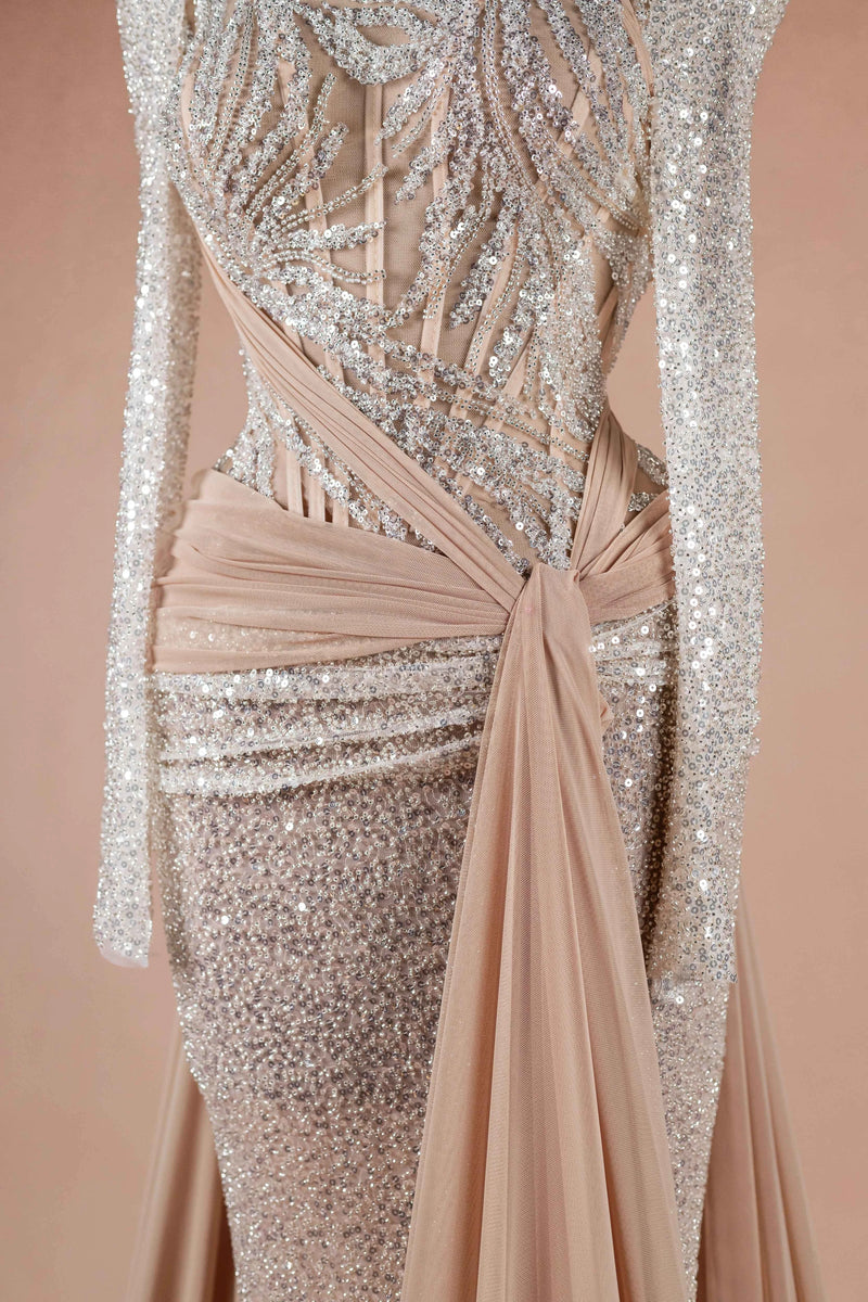 Sihëna Champêtre Glow — champagne high-neck long-sleeve mermaid evening dress