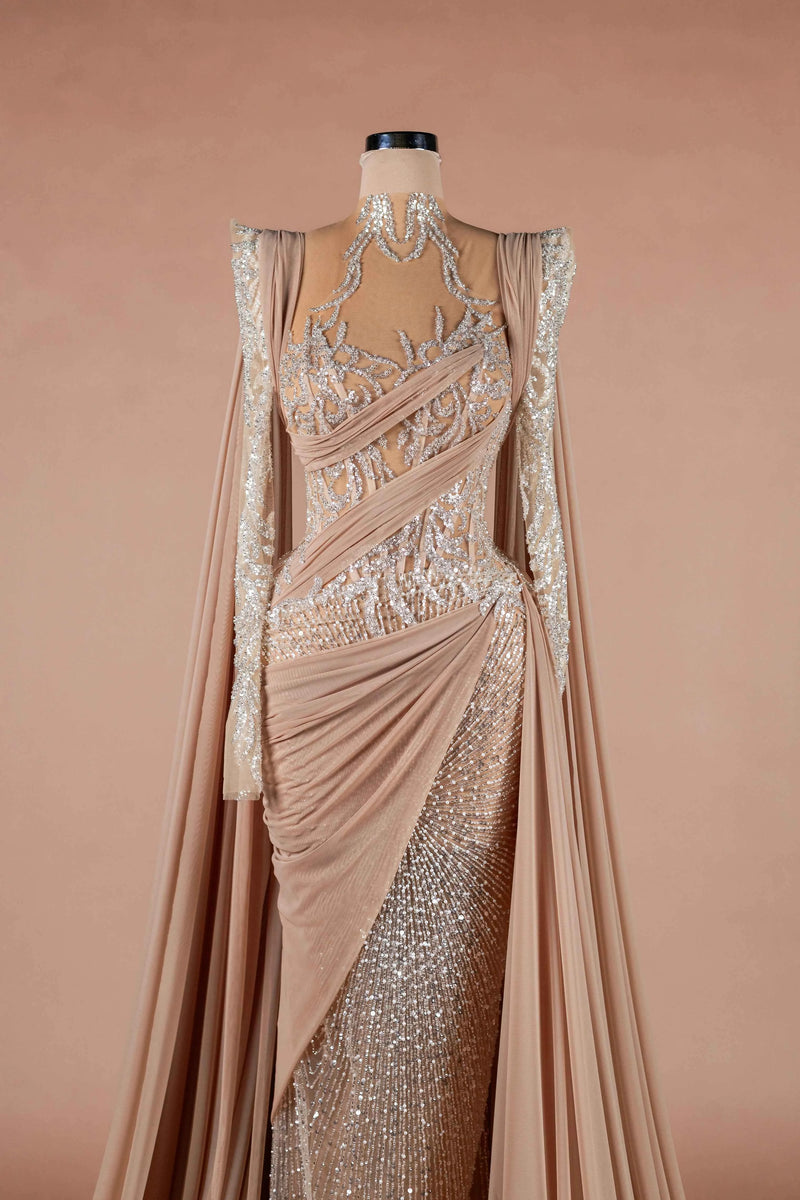 Sihëna Nude Athena — nude high-neck long-sleeve mermaid evening dress