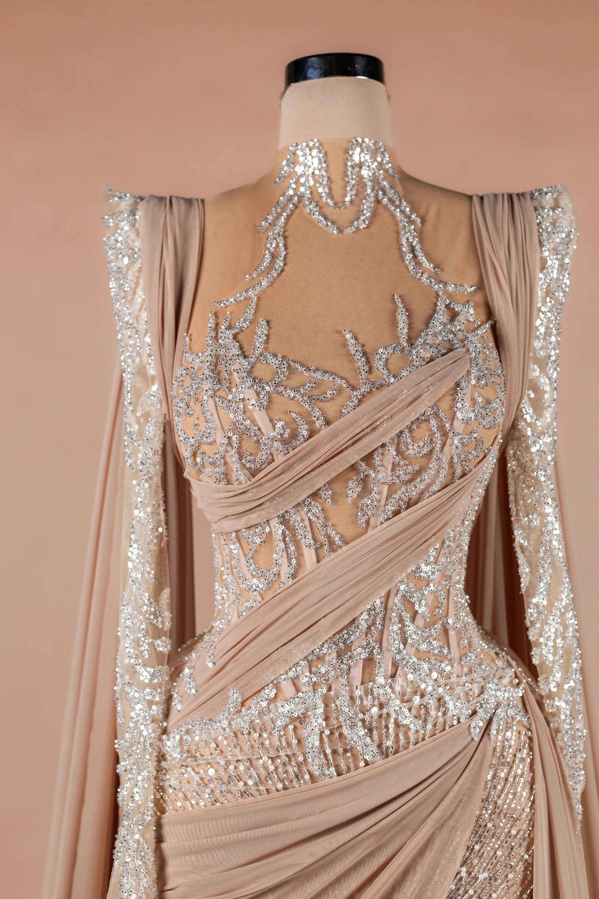 Sihëna Nude Athena — nude high-neck long-sleeve mermaid evening dress