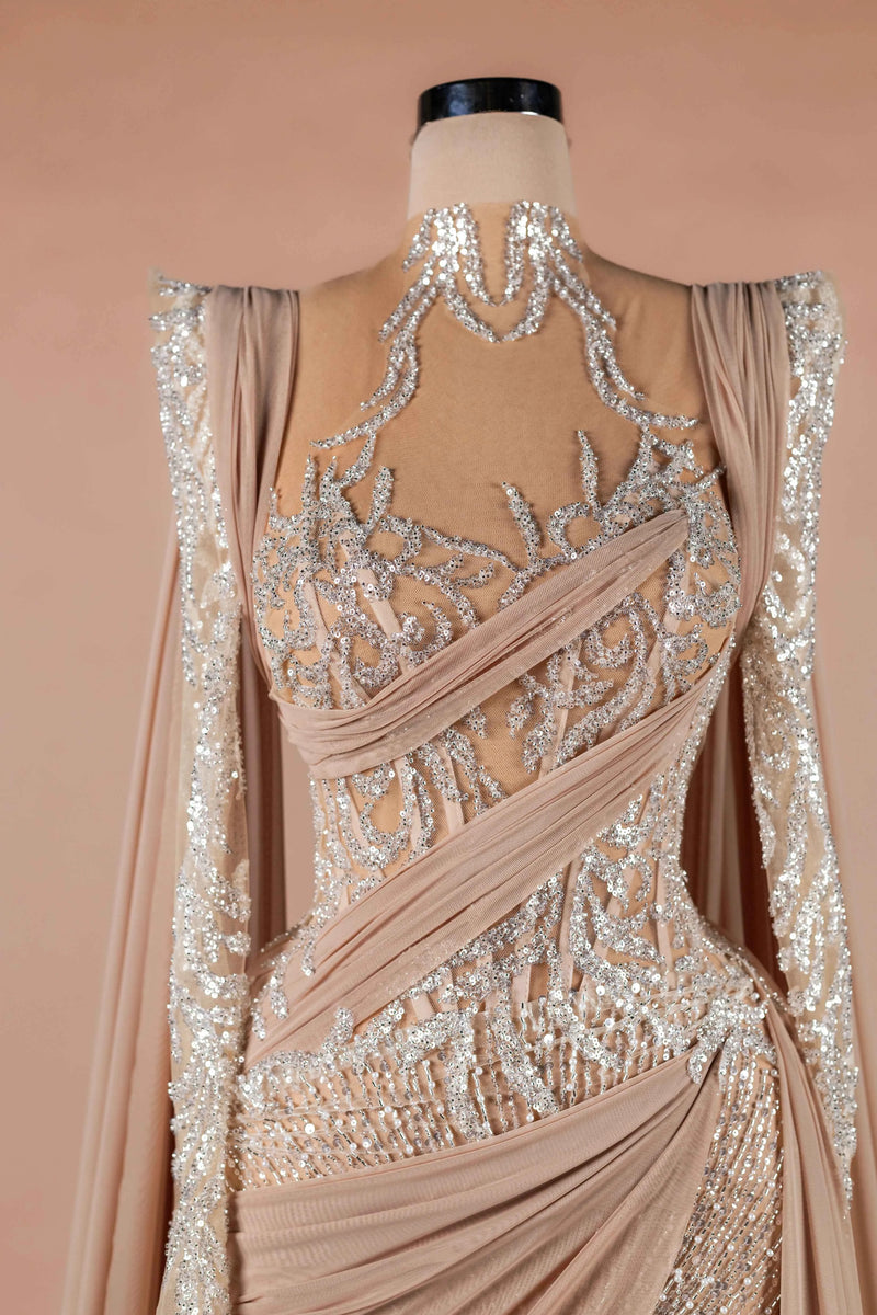Sihëna Nude Athena — nude high-neck long-sleeve mermaid evening dress