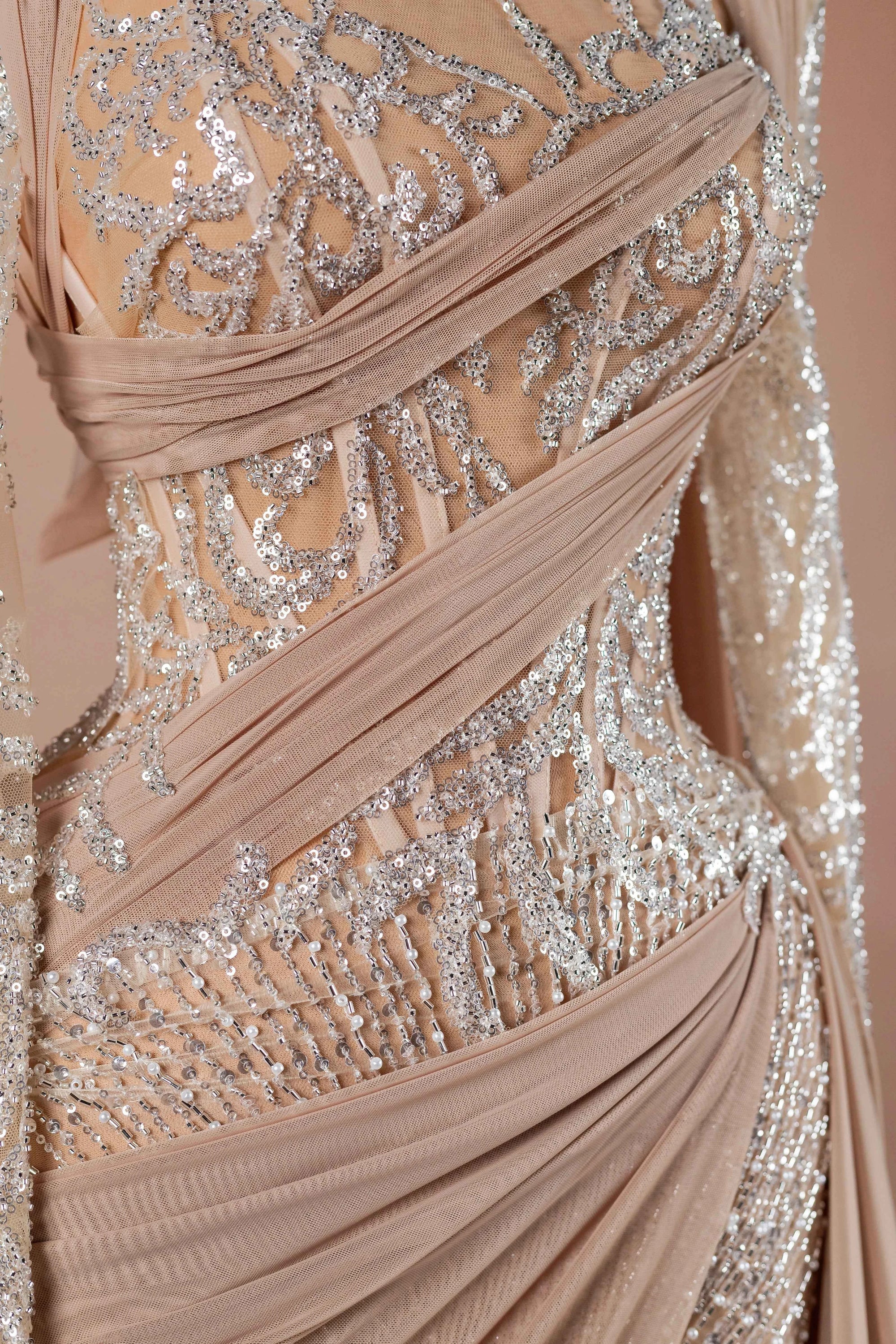 Sihëna Nude Athena — nude high-neck long-sleeve mermaid evening dress