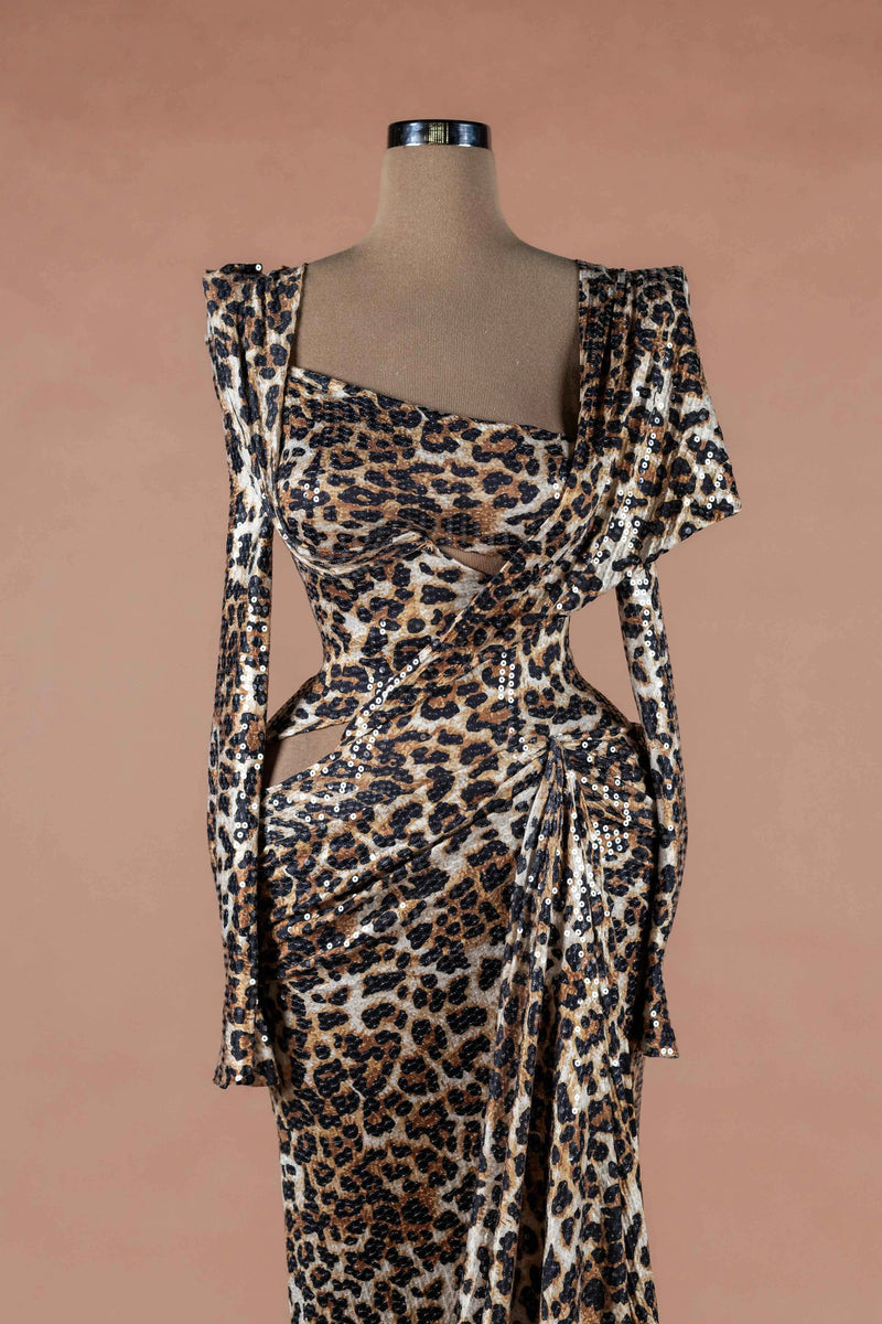 Sihëna Savanna Prowl — leopard-print asymmetric long-sleeve mermaid evening dress