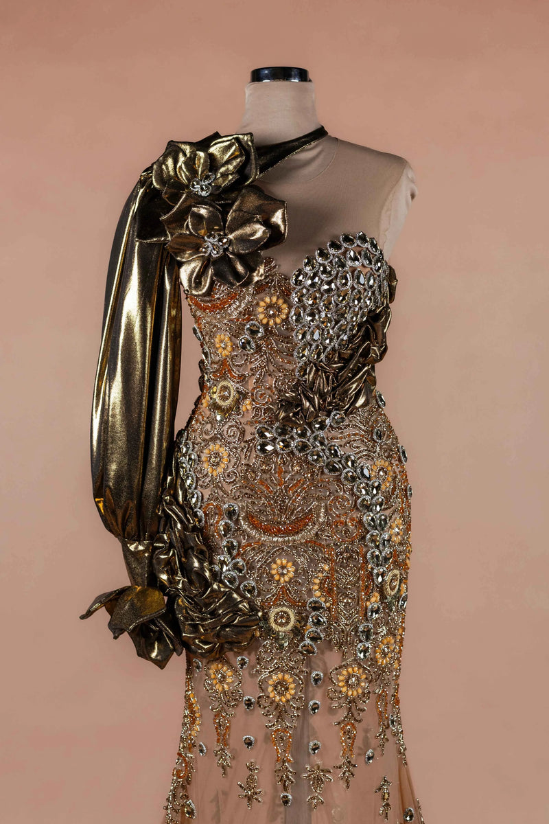 Sihëna Gilded Flora — gold sweetheart one-shoulder mermaid evening dress
