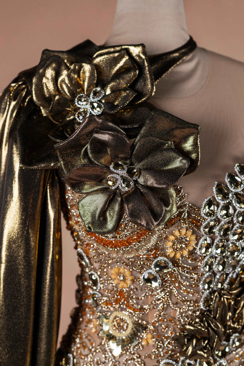Sihëna Gilded Flora — gold sweetheart one-shoulder mermaid evening dress