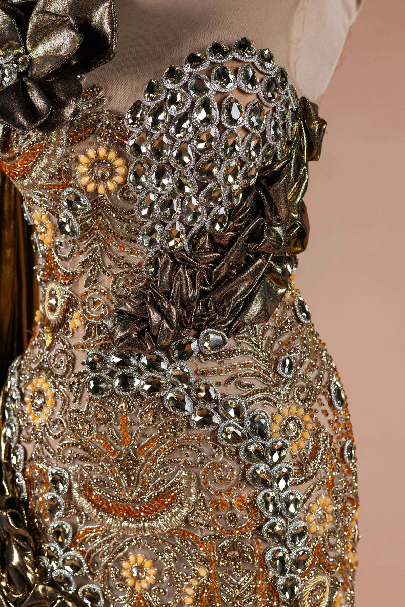 Sihëna Gilded Flora — gold sweetheart one-shoulder mermaid evening dress