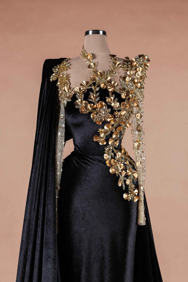 Sihëna Noir Blossom Crown — black high-neck long-sleeve mermaid evening dress