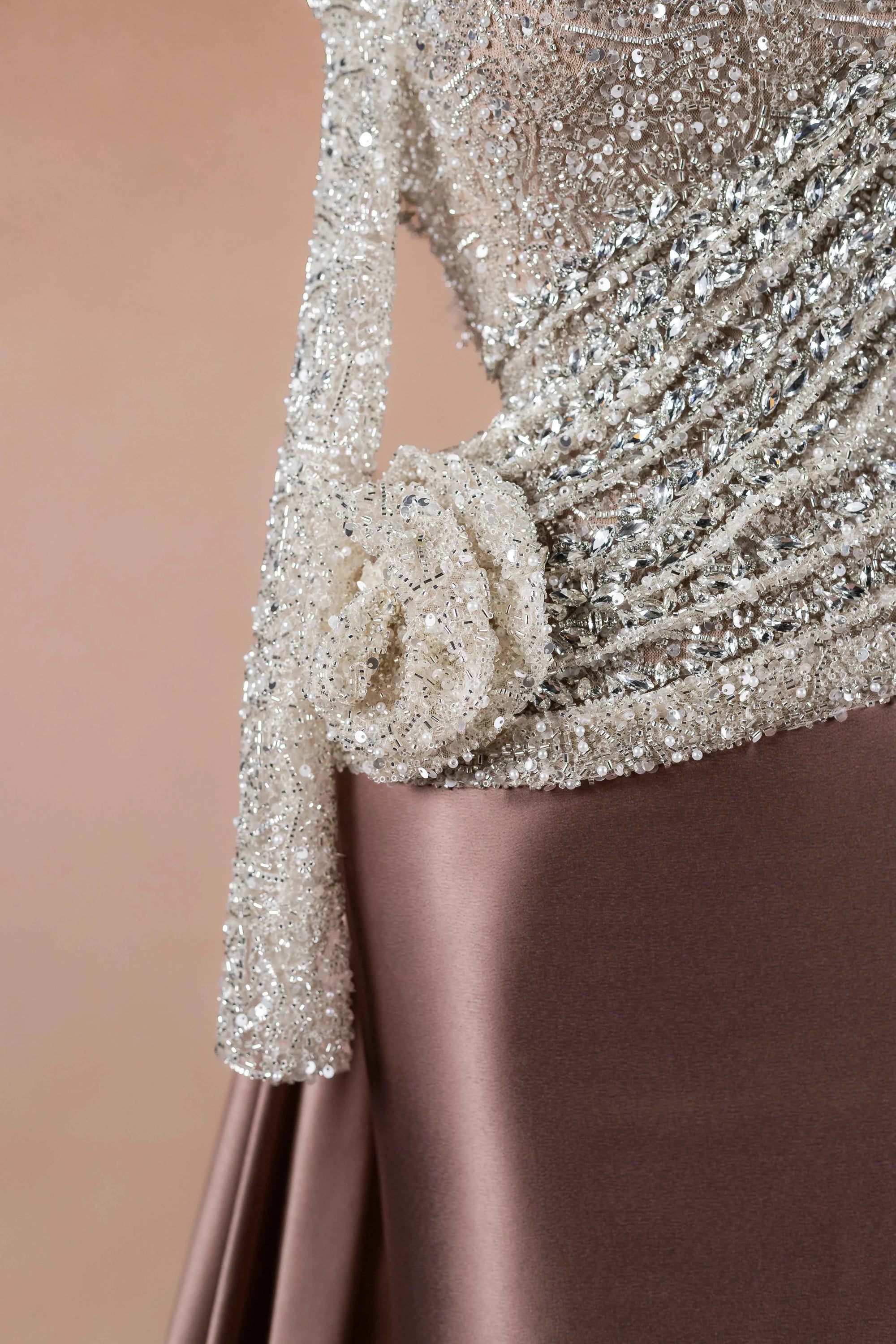 Sihëna Taupe Rosette — taupe square long-sleeve column evening dress