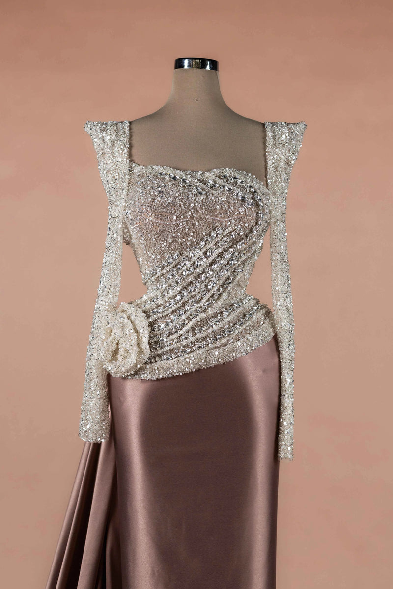 Sihëna Taupe Rosette — taupe square long-sleeve column evening dress