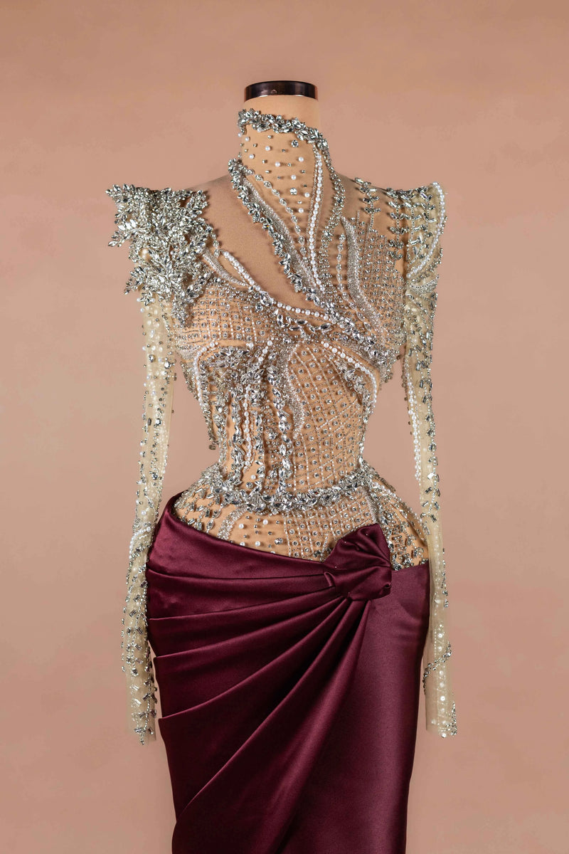 Sihëna Bordeaux Prism — burgundy high-neck long-sleeve column evening dress