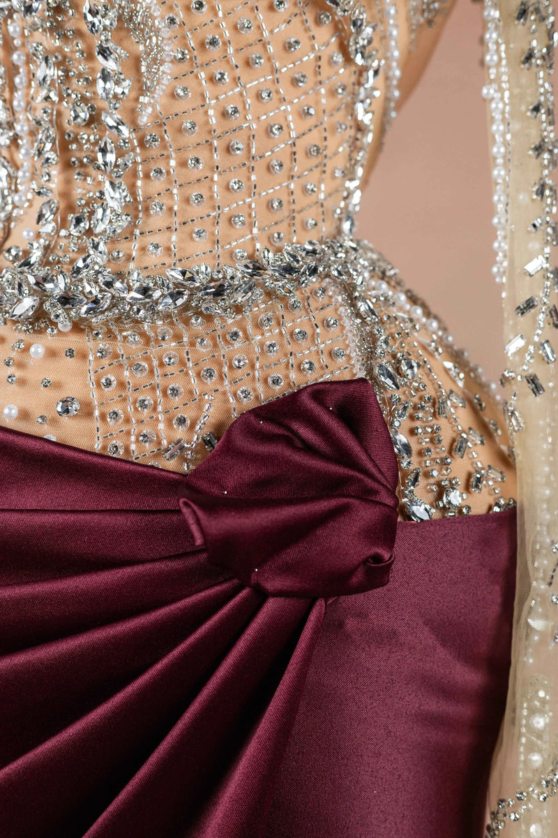 Sihëna Bordeaux Prism — burgundy high-neck long-sleeve column evening dress