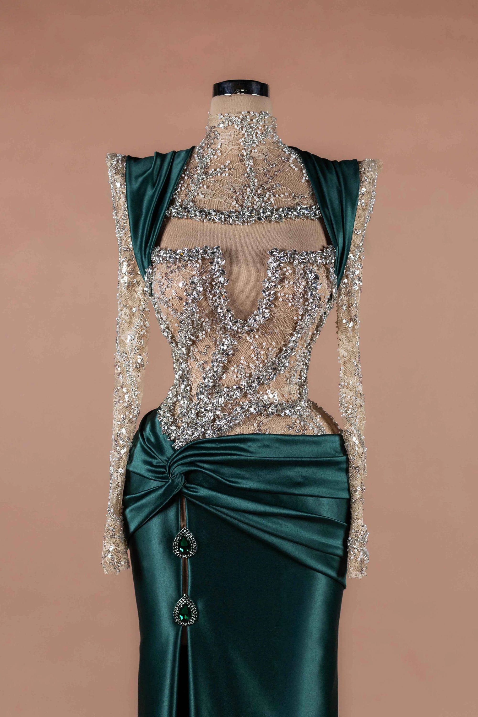 Sihëna Emerald Jewel Crest — emerald high-neck long-sleeve mermaid evening dress