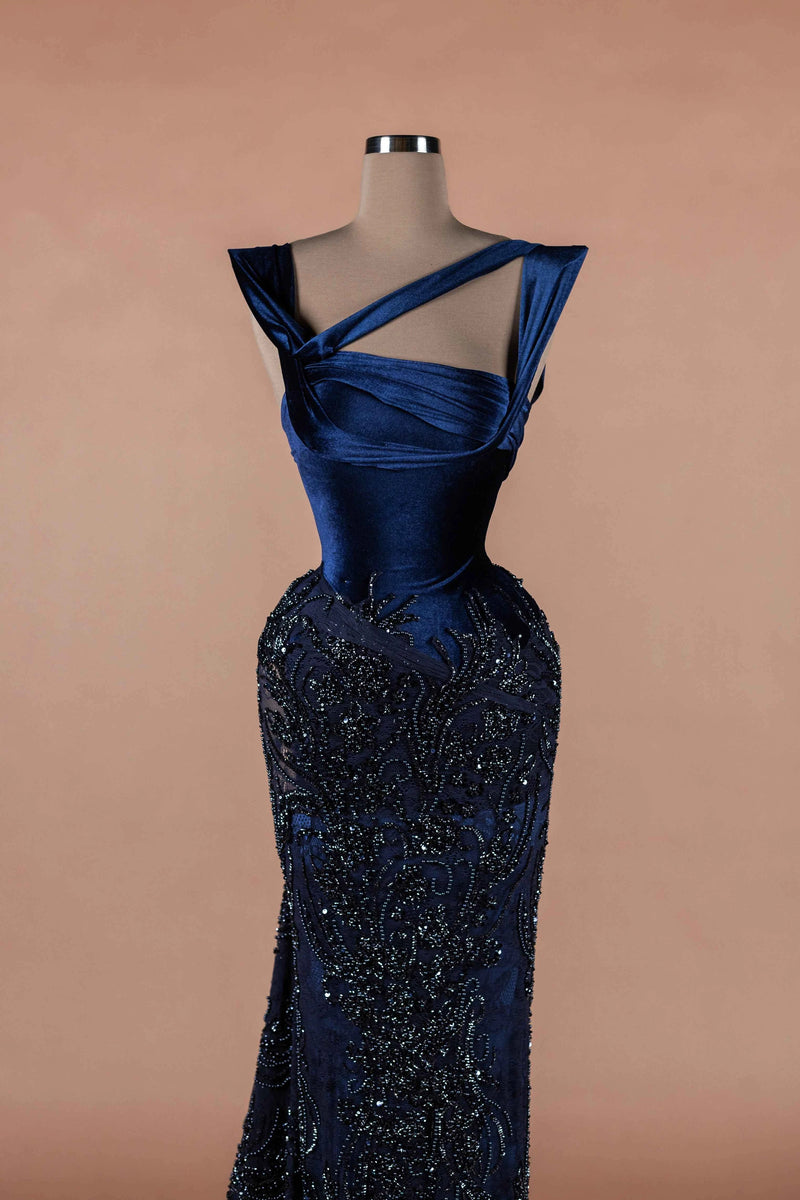 Sihëna Navy Arabesque — navy asymmetric sleeveless mermaid evening dress
