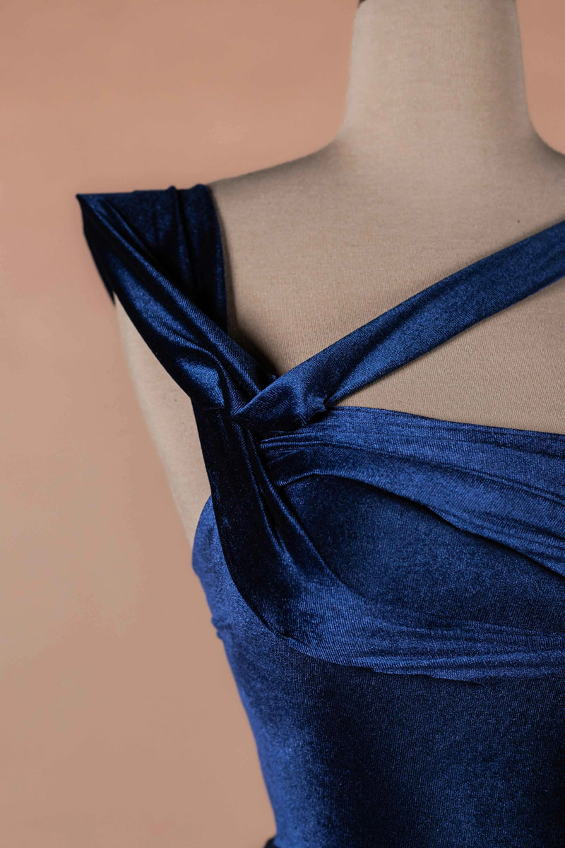 Sihëna Navy Arabesque — navy asymmetric sleeveless mermaid evening dress