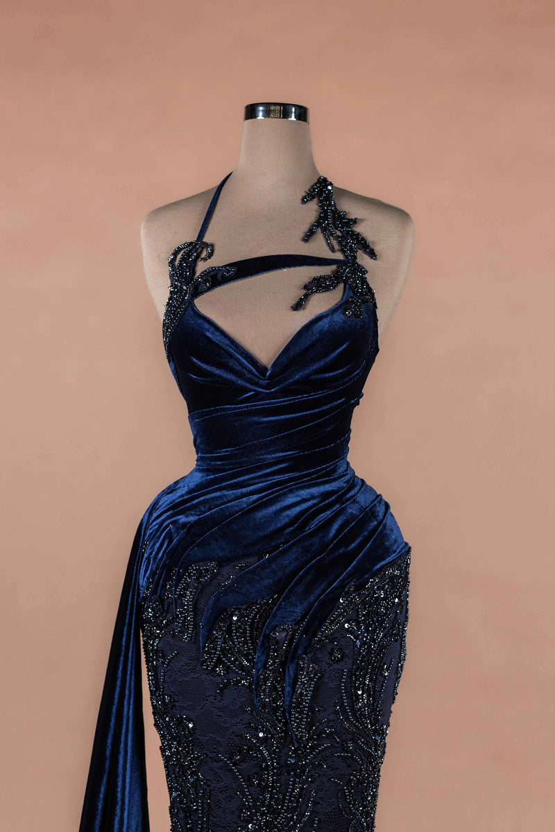 Sihëna Midnight Velvet Muse — navy sweetheart sleeveless mermaid evening dress