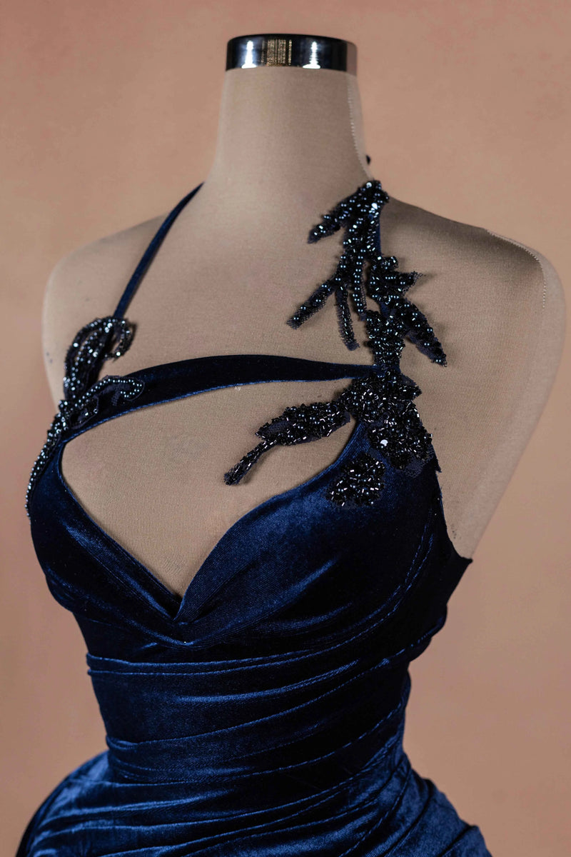 Sihëna Midnight Velvet Muse — navy sweetheart sleeveless mermaid evening dress