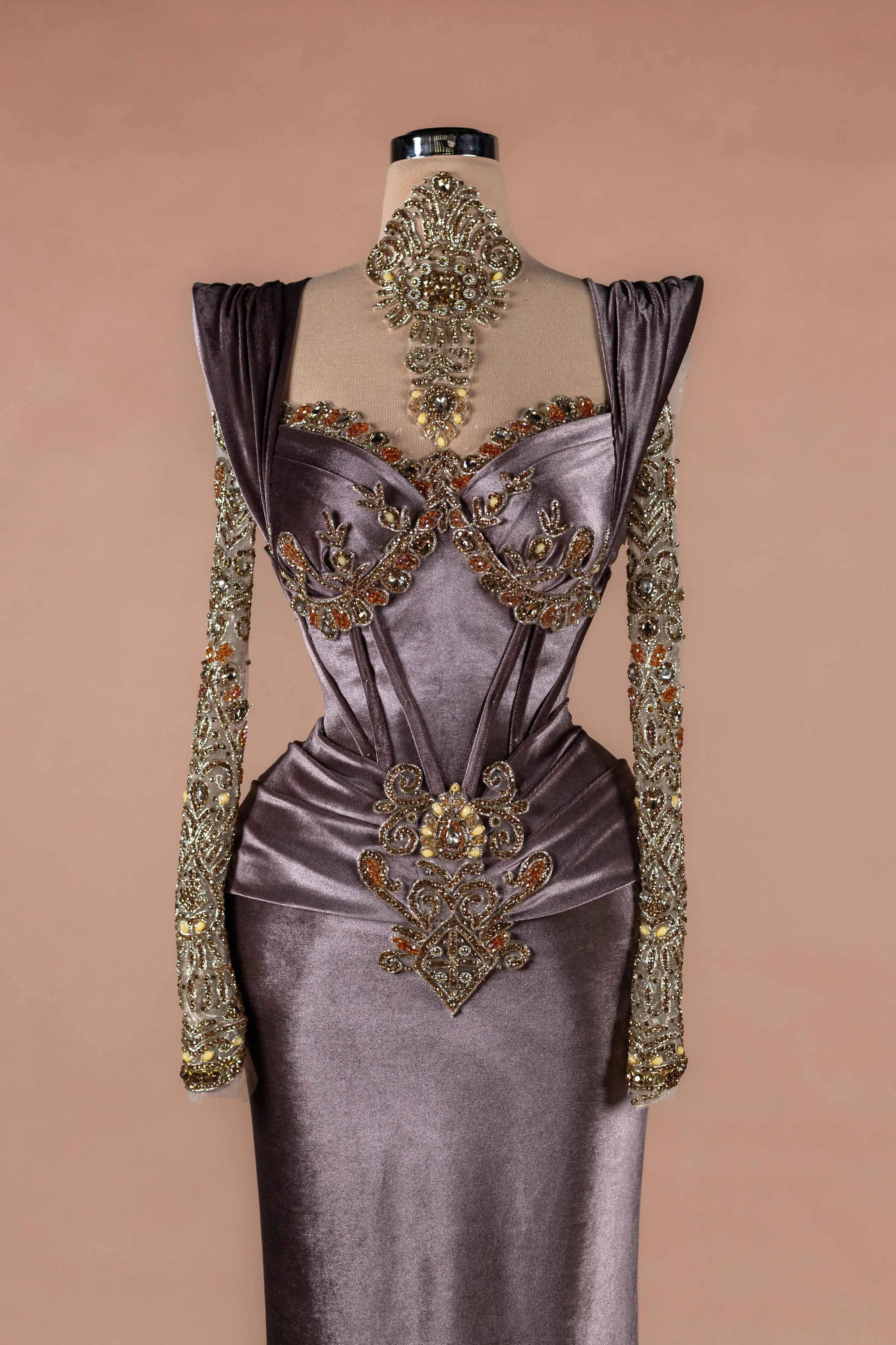 Sihëna Pewter Dynasty — taupe sweetheart long-sleeve mermaid evening dress