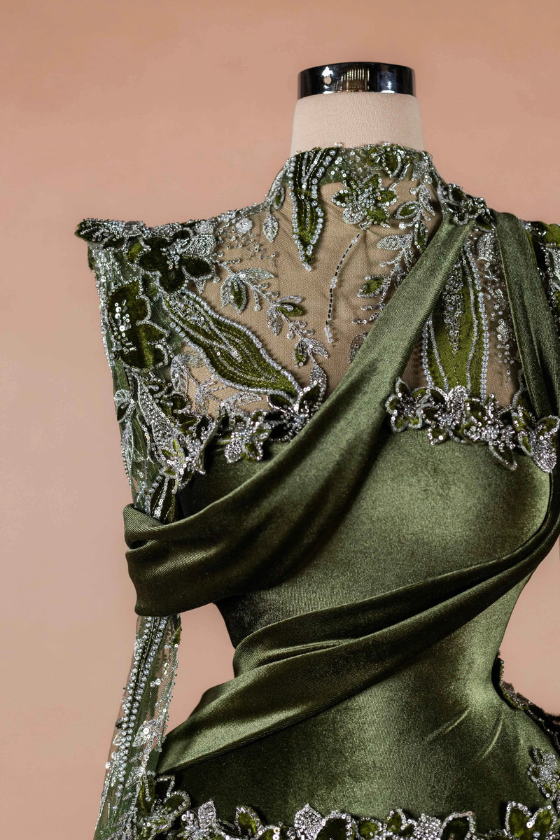 Sihëna Olive Brocade — olive high-neck long-sleeve mermaid evening dress