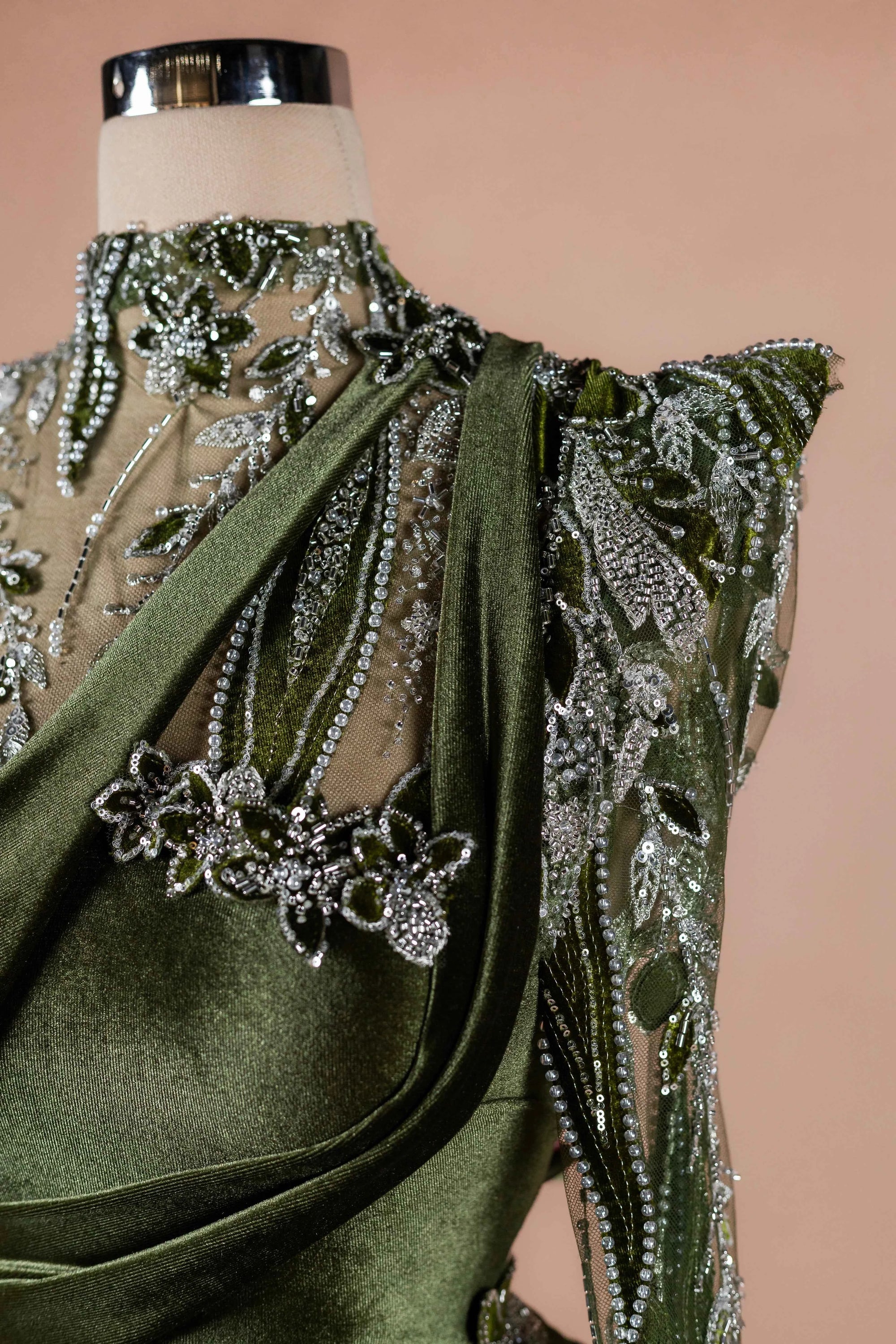 Sihëna Olive Brocade — olive high-neck long-sleeve mermaid evening dress