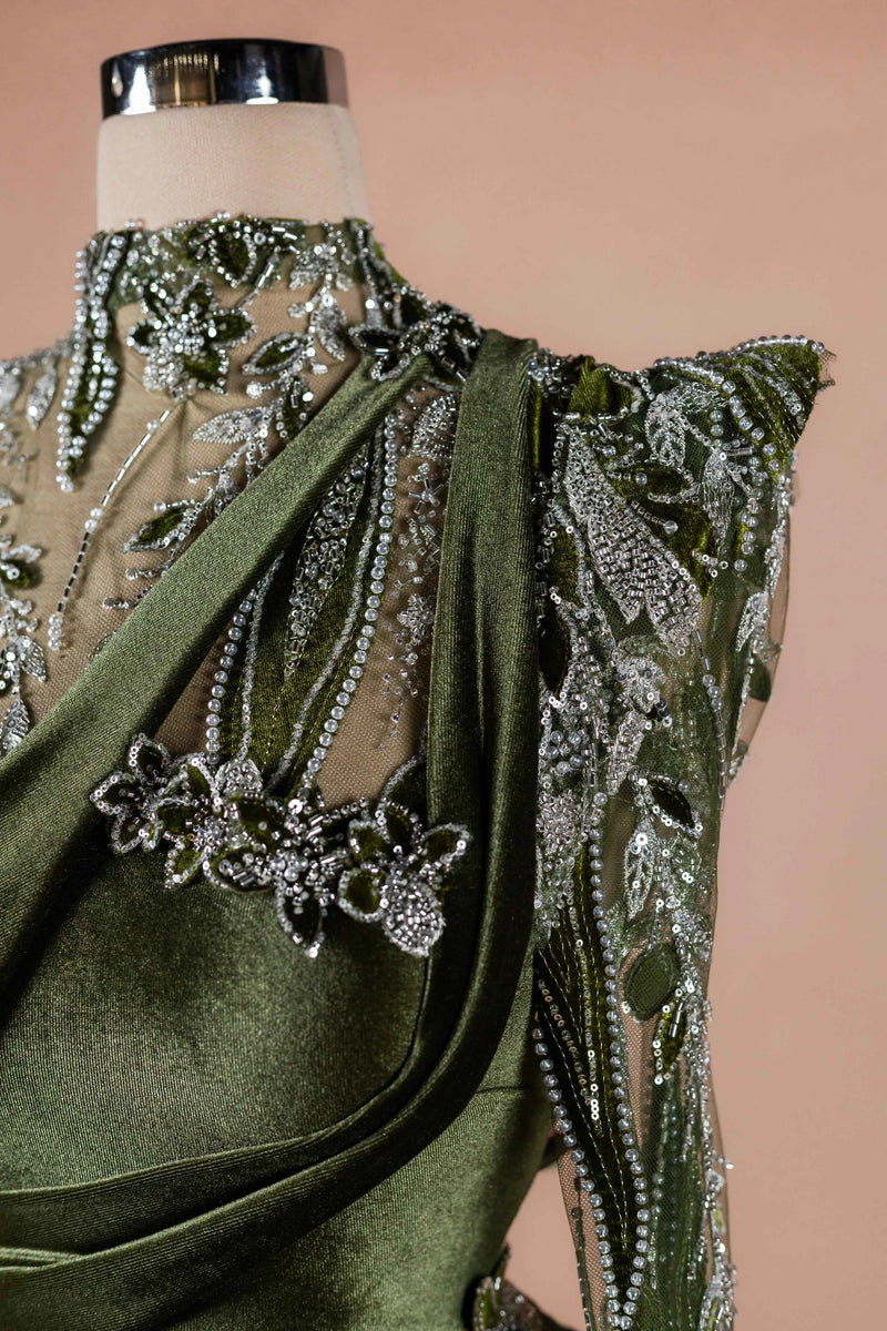 Sihëna Olive Brocade — olive high-neck long-sleeve mermaid evening dress