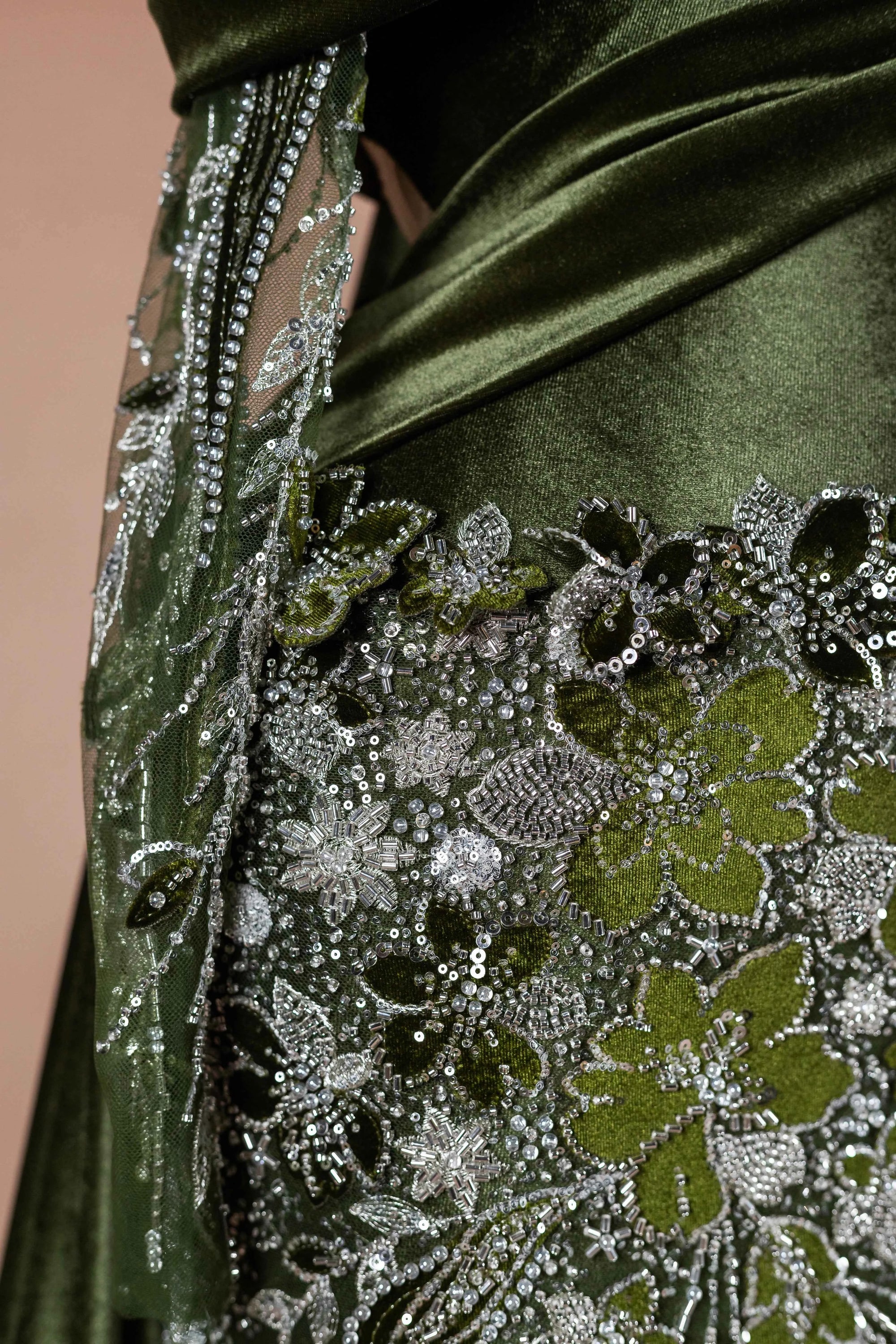 Sihëna Olive Brocade — olive high-neck long-sleeve mermaid evening dress