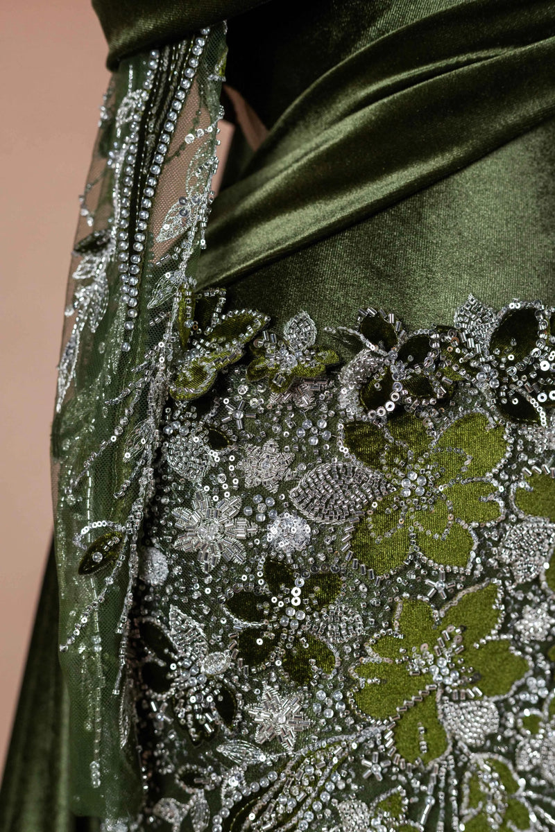 Sihëna Olive Brocade — olive high-neck long-sleeve mermaid evening dress