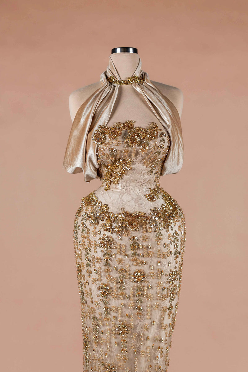 Sihëna Halcyon Shimmer — champagne strapless sleeveless column evening dress