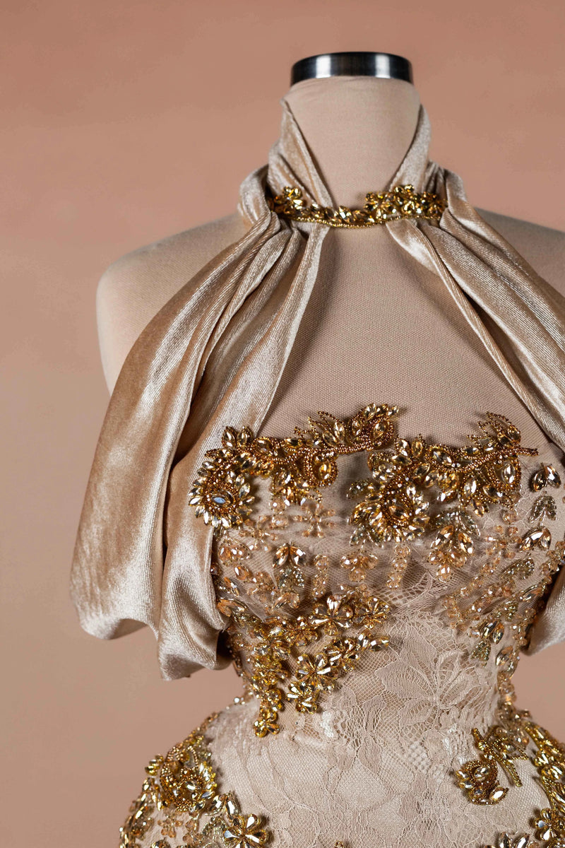Sihëna Halcyon Shimmer — champagne strapless sleeveless column evening dress