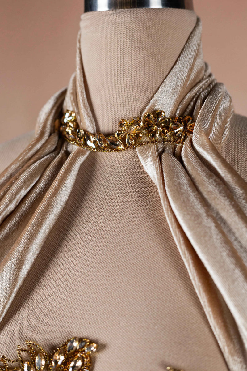 Sihëna Halcyon Shimmer — champagne strapless sleeveless column evening dress