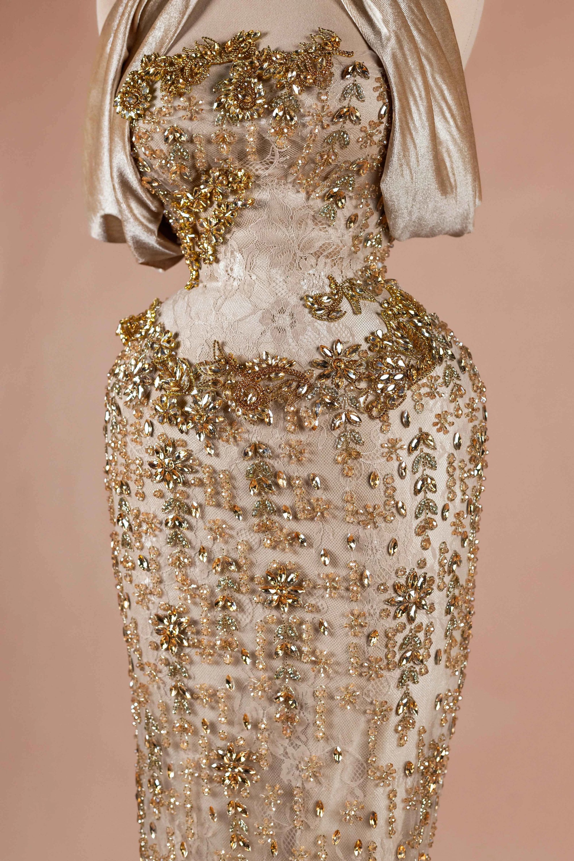 Sihëna Halcyon Shimmer — champagne strapless sleeveless column evening dress