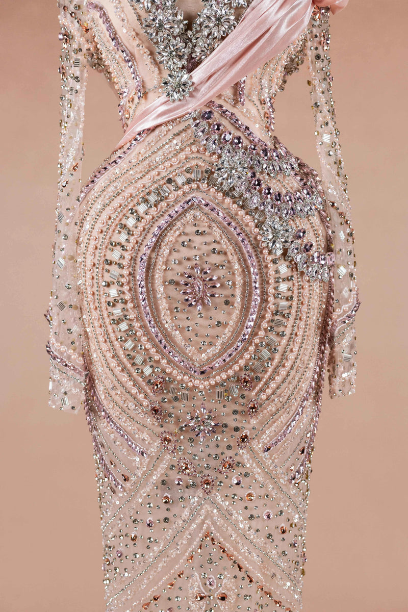 Sihëna Blush Prism Bloom — blush v-neck long-sleeve column evening dress
