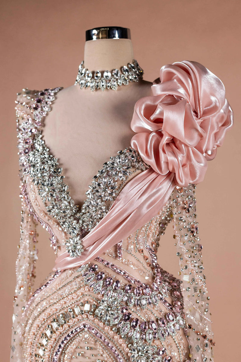 Sihëna Blush Prism Bloom — blush v-neck long-sleeve column evening dress