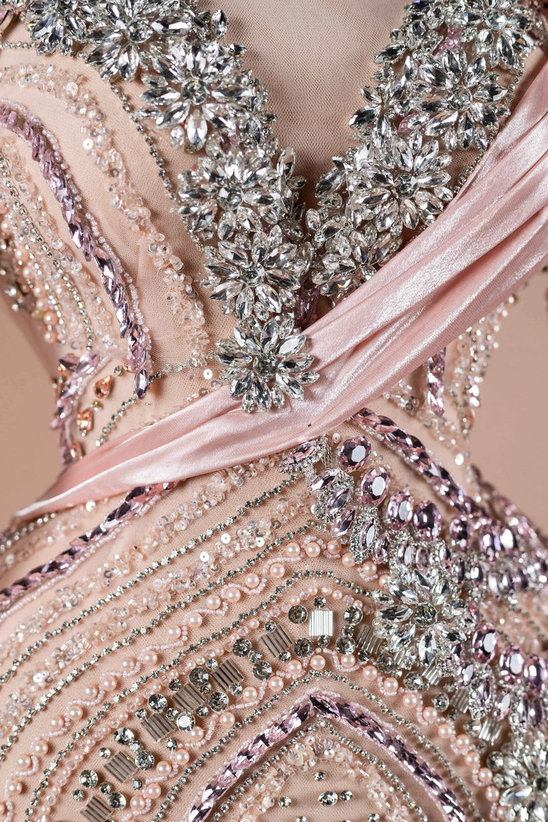 Sihëna Blush Prism Bloom — blush v-neck long-sleeve column evening dress