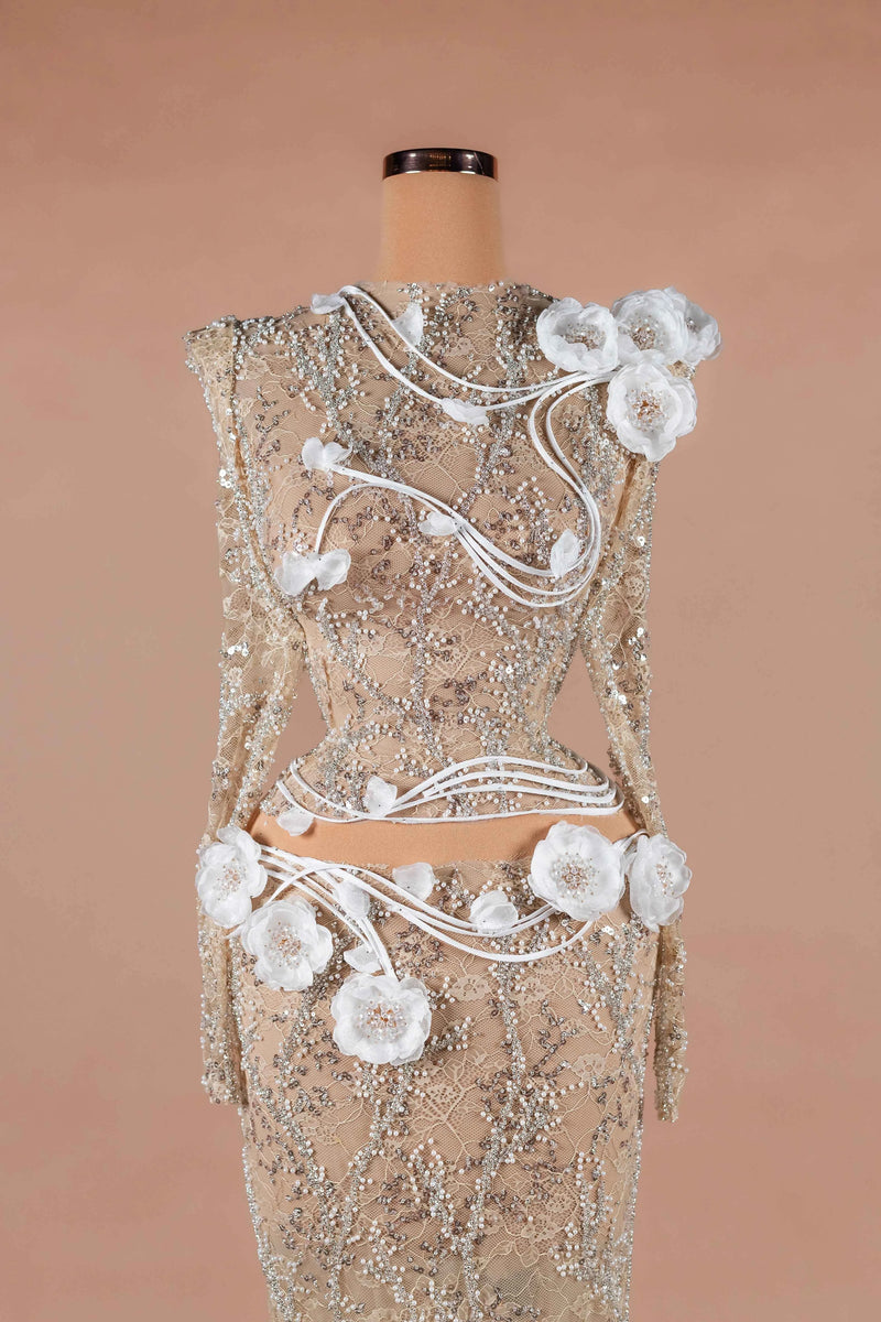 Sihëna Ivory Camellia — champagne high-neck long-sleeve column evening dress