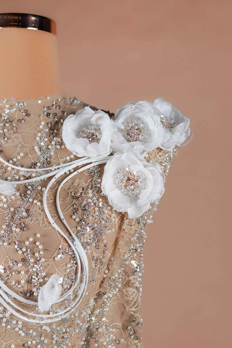 Sihëna Ivory Camellia — champagne high-neck long-sleeve column evening dress