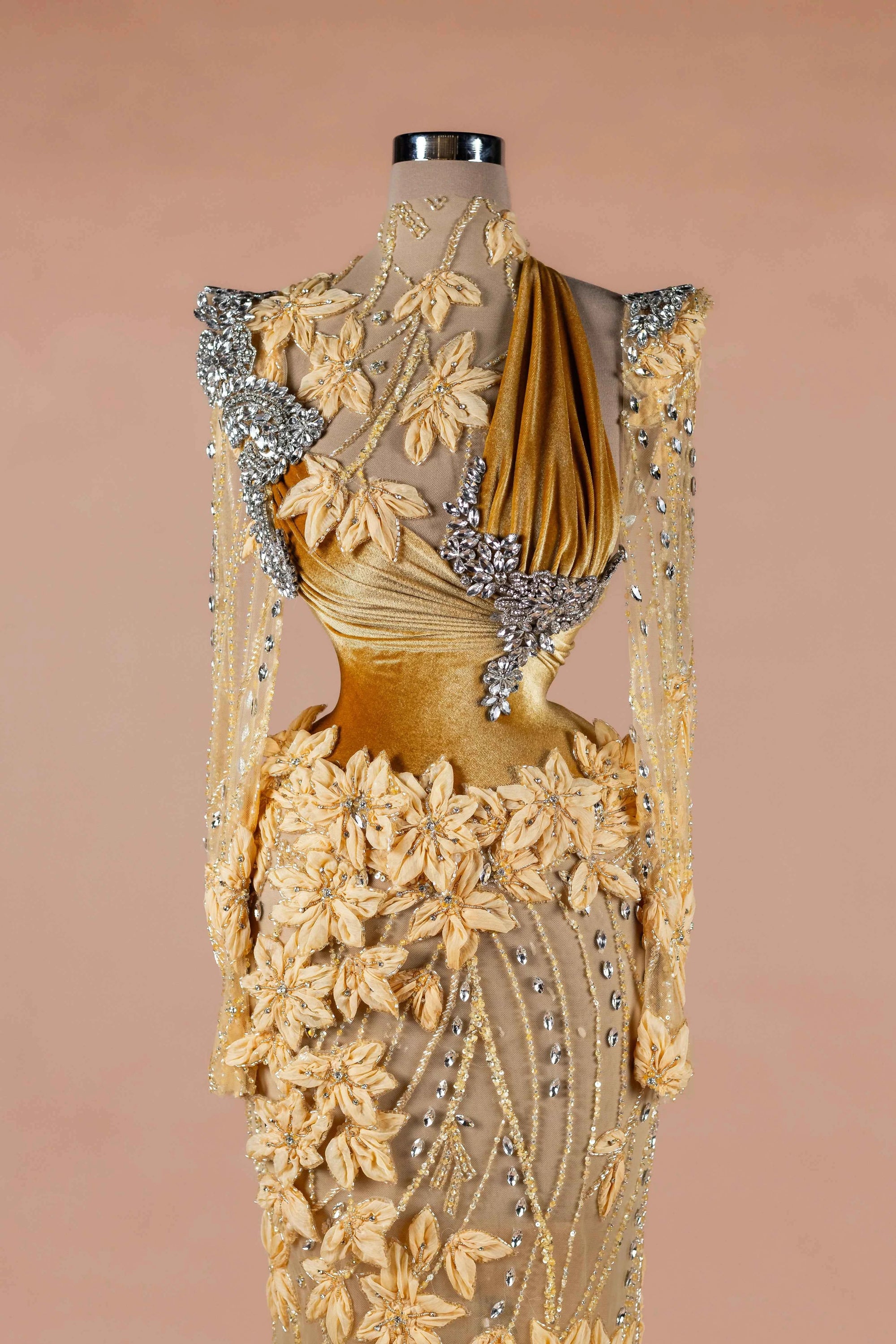 Sihëna Amber Petal Vine — amber high-neck long-sleeve column evening dress