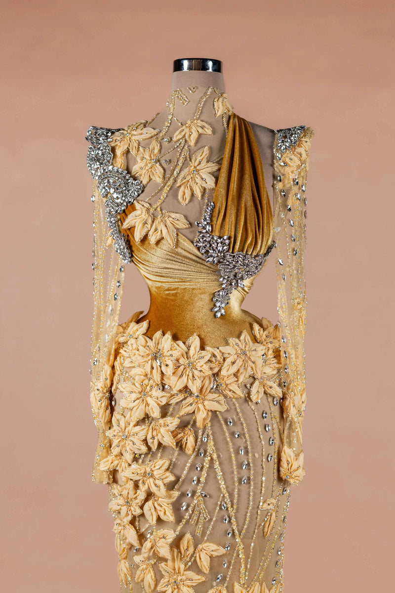 Sihëna Amber Petal Vine — amber high-neck long-sleeve column evening dress