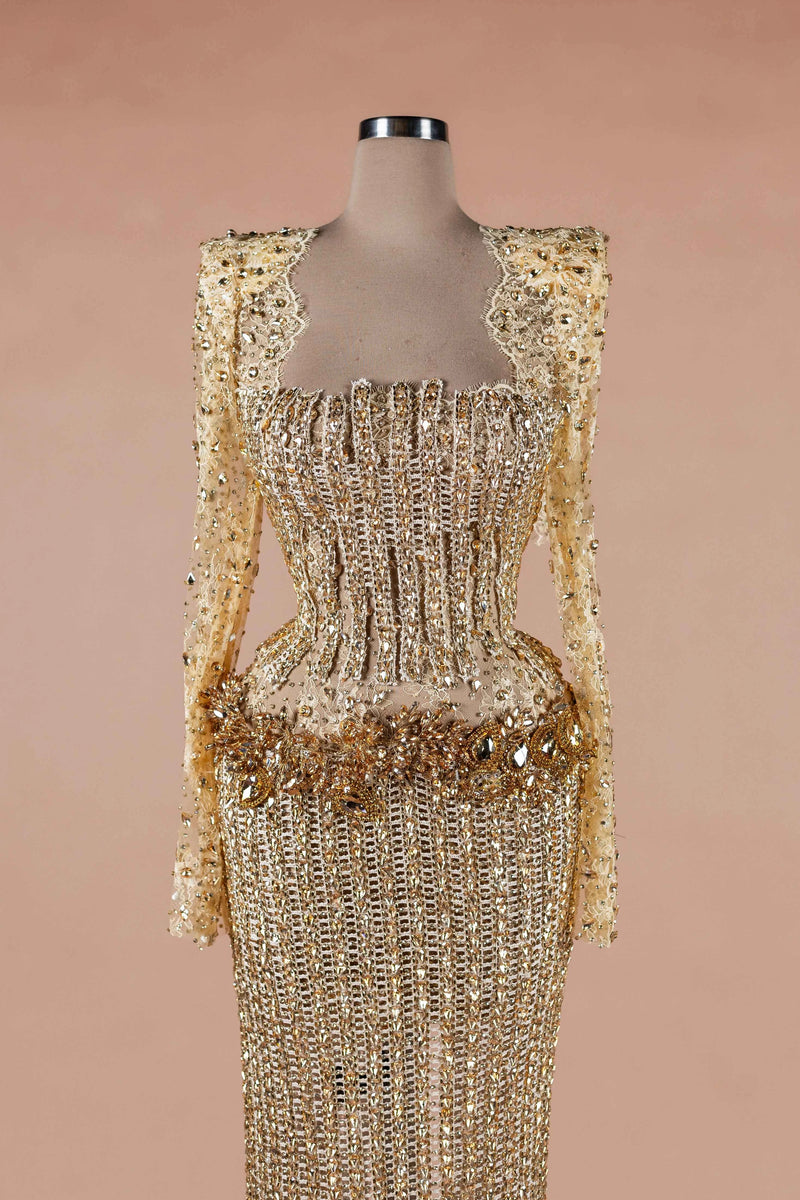 Sihëna Gilded Corset Column — gold square long-sleeve column evening dress