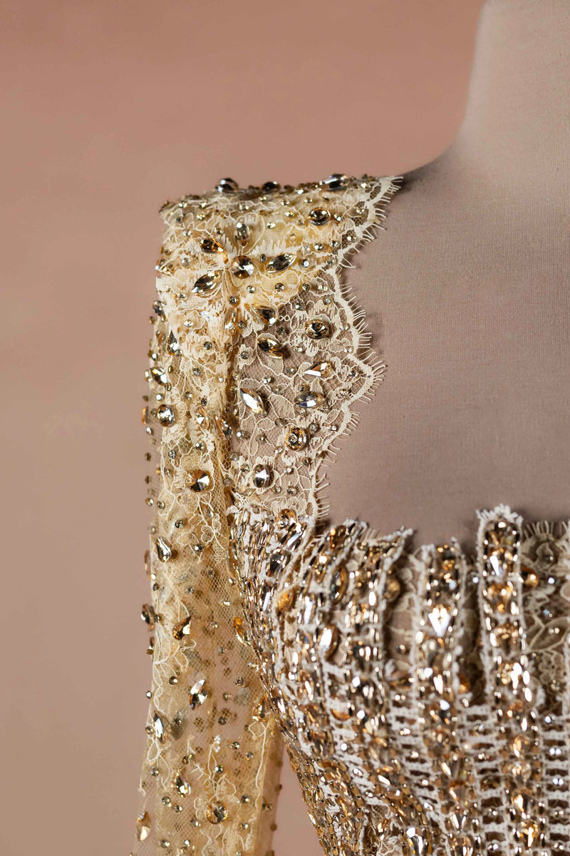 Sihëna Gilded Corset Column — gold square long-sleeve column evening dress
