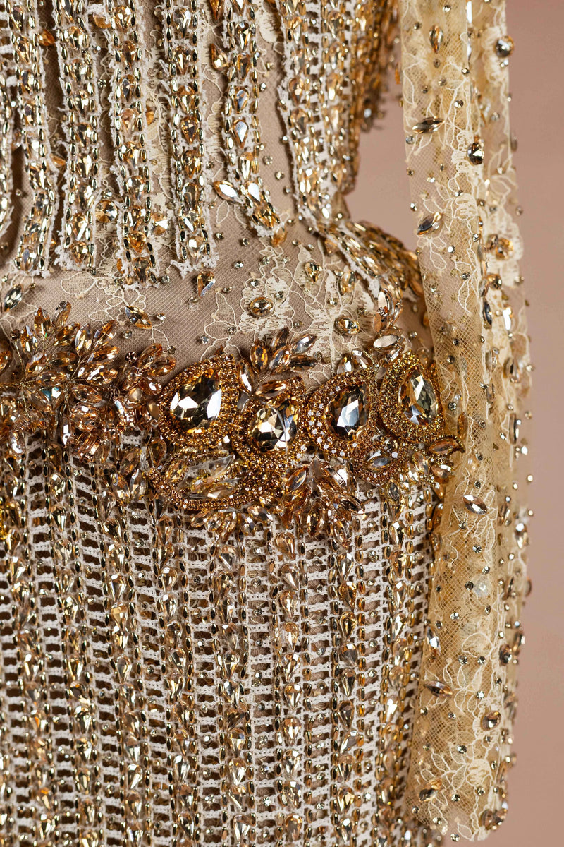 Sihëna Gilded Corset Column — gold square long-sleeve column evening dress