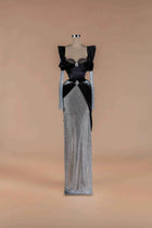 Sihëna Onyx Duality — black off-shoulder sweetheart velvet bodice with lace trim, crystal brooches and a silver crystal-mesh skirt.